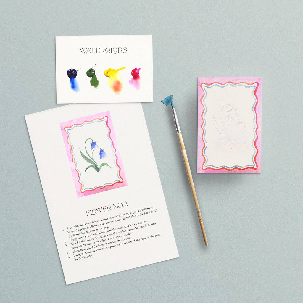 Instruction sheet for Flower No. 2, a bluebell framed by a pink wavy border, with a brush