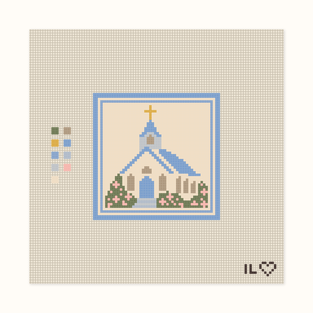 Chapel hand-painted needlepoint canvas: a white chapel with a gold cross and pink flowers, framed in blue
