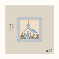 Chapel hand-painted needlepoint canvas: a white chapel with a gold cross and pink flowers, framed in blue
