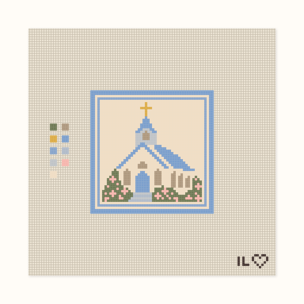 Chapel hand-painted needlepoint canvas: a white chapel with a gold cross and pink flowers, framed in blue