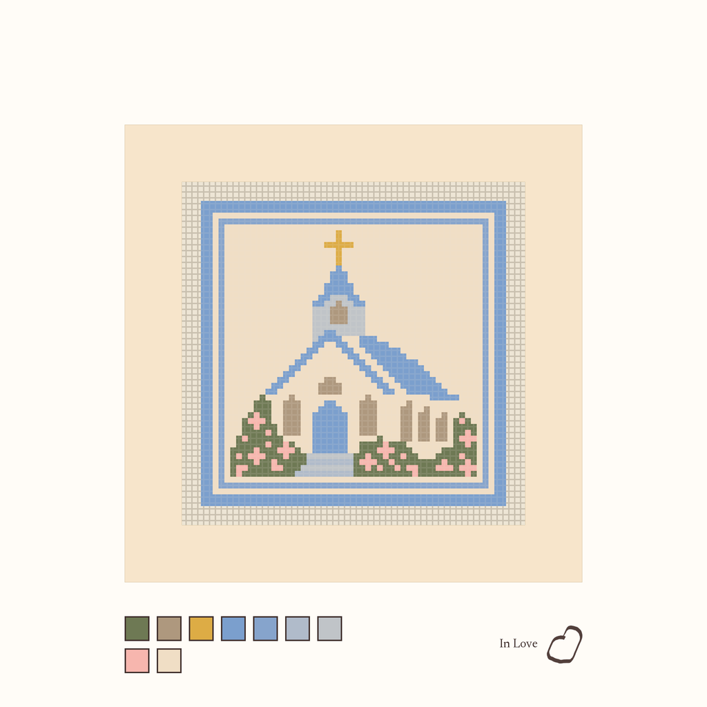 Chapel design as painted: a white chapel with a gold cross and pink flowers, framed in blue