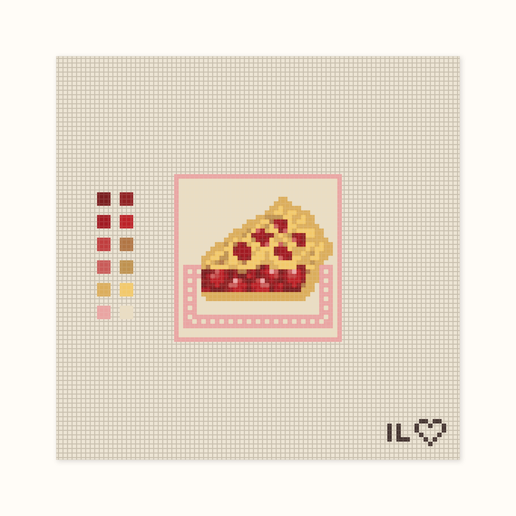 Cherry Pie hand-painted needlepoint canvas: a slice of cherry pie on a pink plate