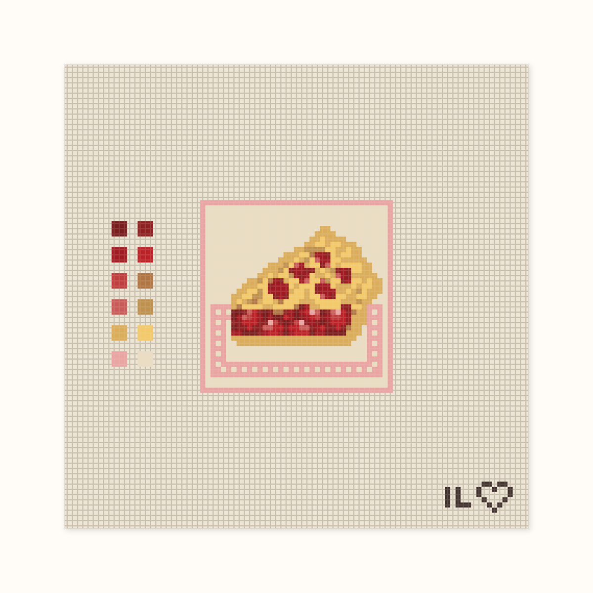 Cherry Pie hand-painted needlepoint canvas: a slice of cherry pie on a pink plate