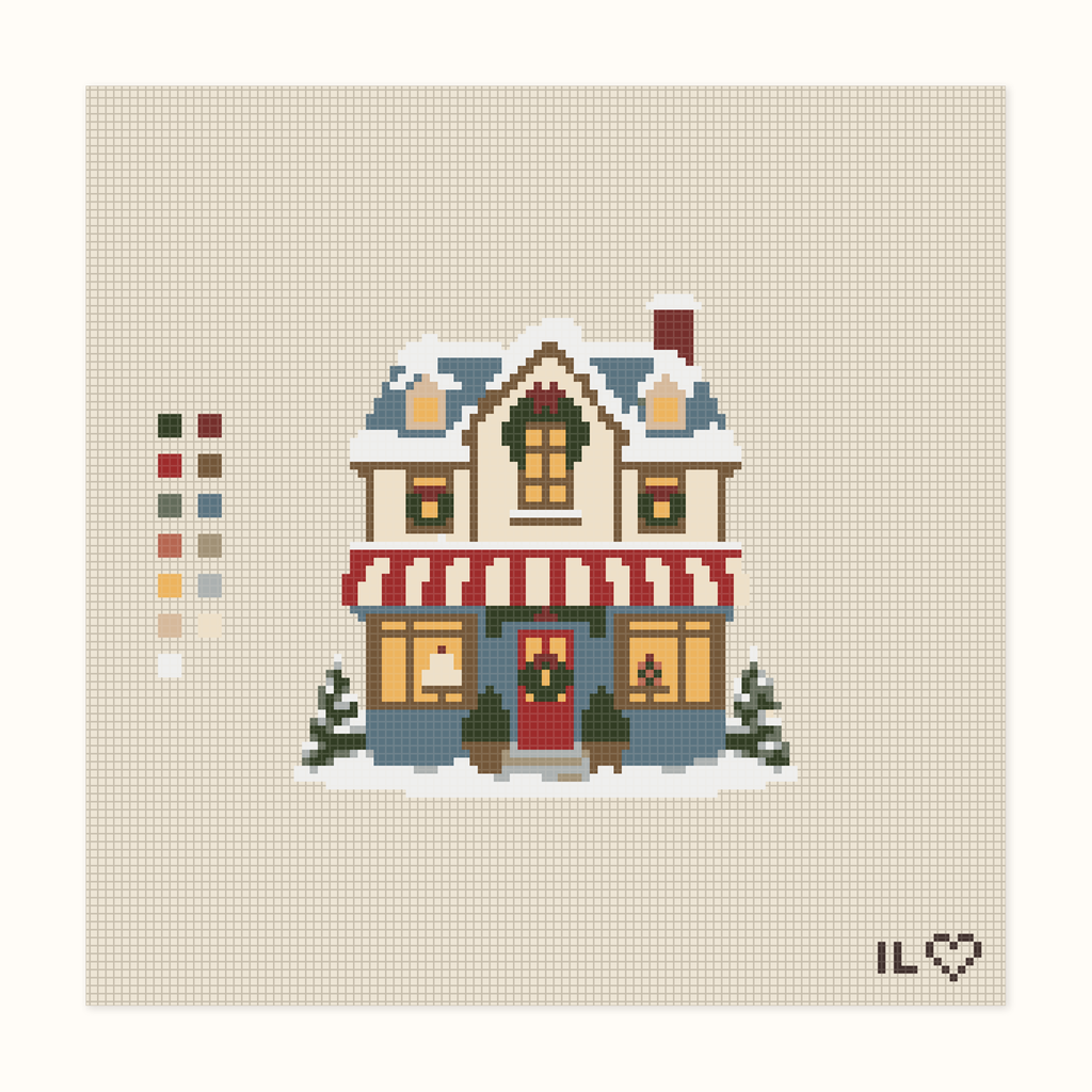 Christmas Bakery hand-painted needlepoint canvas: a snowy bakery at Christmastime