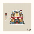 Christmas Bakery hand-painted needlepoint canvas: a snowy bakery at Christmastime