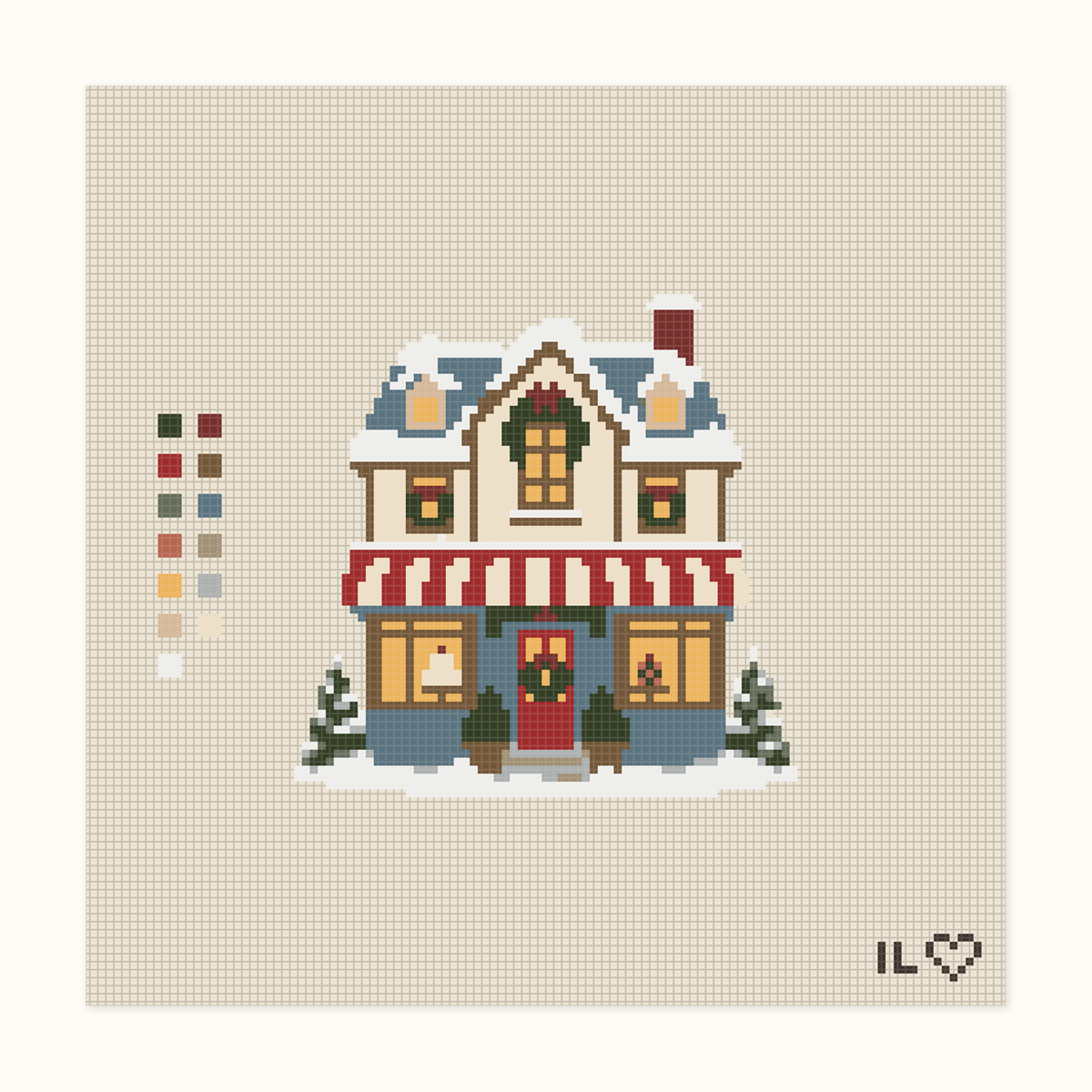 Christmas Bakery hand-painted needlepoint canvas: a snowy bakery at Christmastime