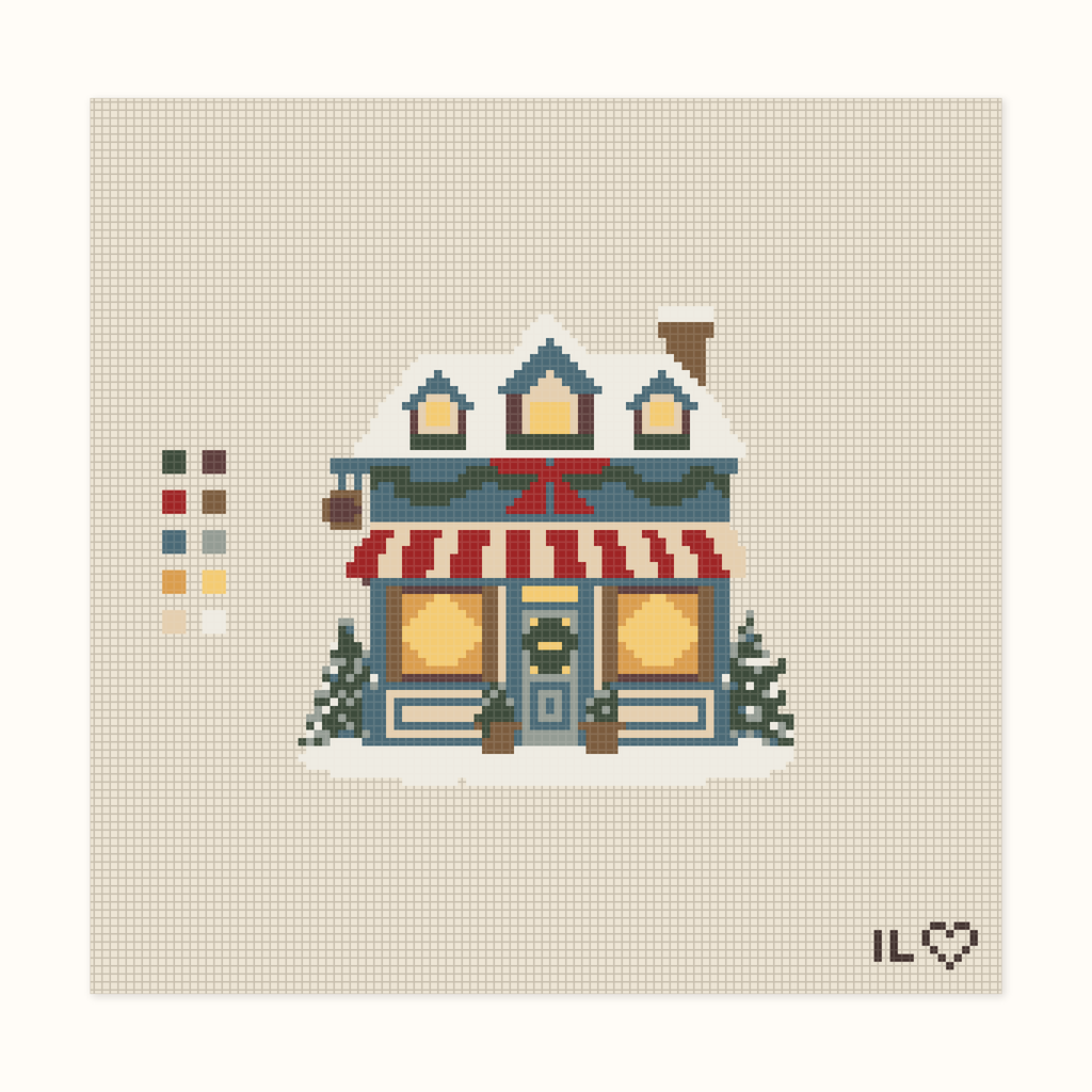 Christmas Cafe hand-painted needlepoint canvas: a snowy cafe at Christmastime
