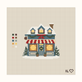 Christmas Cafe hand-painted needlepoint canvas: a snowy cafe at Christmastime