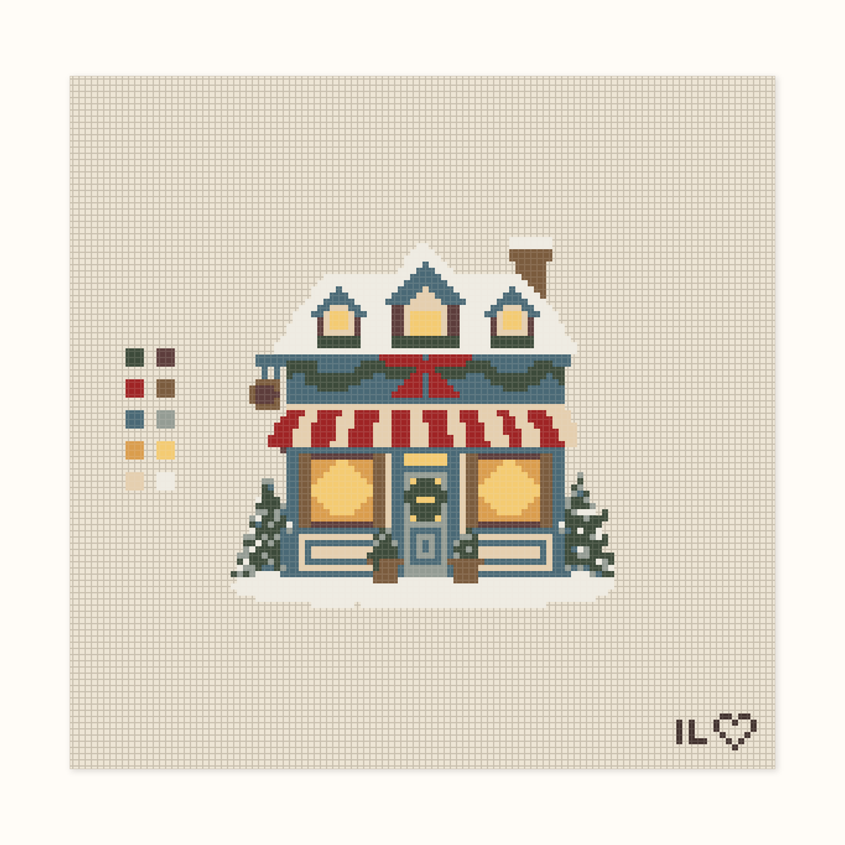 Christmas Cafe hand-painted needlepoint canvas: a snowy cafe at Christmastime