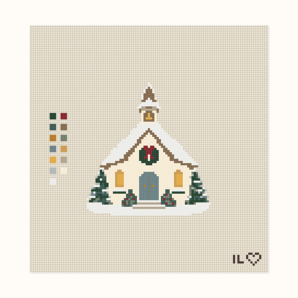 Christmas Church hand-painted needlepoint canvas: a snowy church at Christmastime