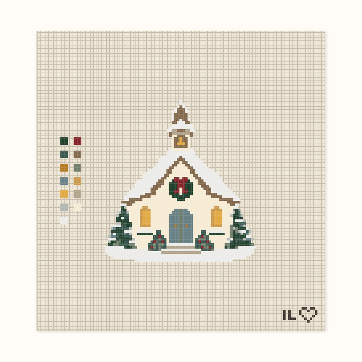 Christmas Church hand-painted needlepoint canvas: a snowy church at Christmastime