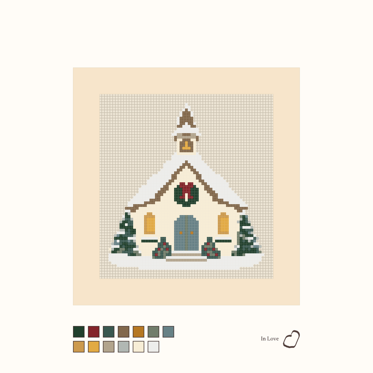 Christmas Church design as painted: a snowy church at Christmastime
