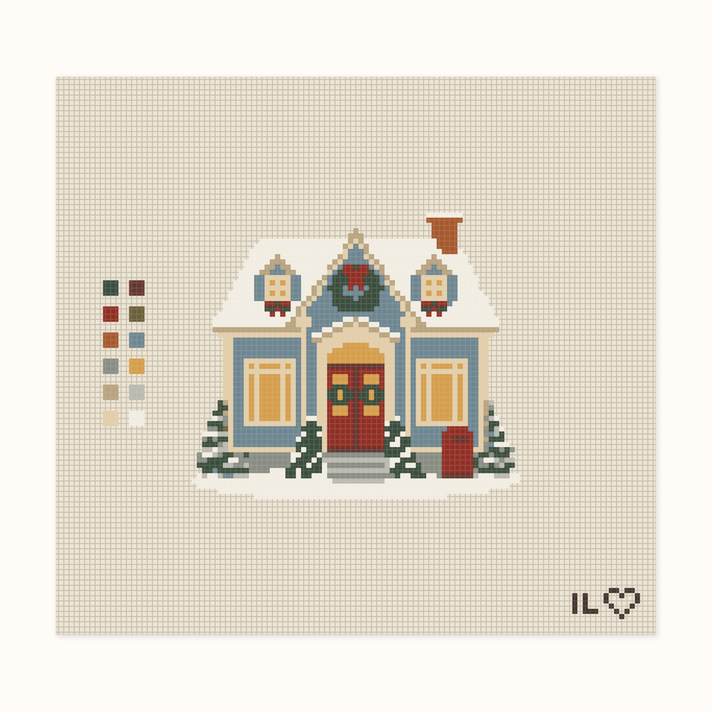 Christmas Post Office hand-painted needlepoint canvas: a snowy post office at Christmastime
