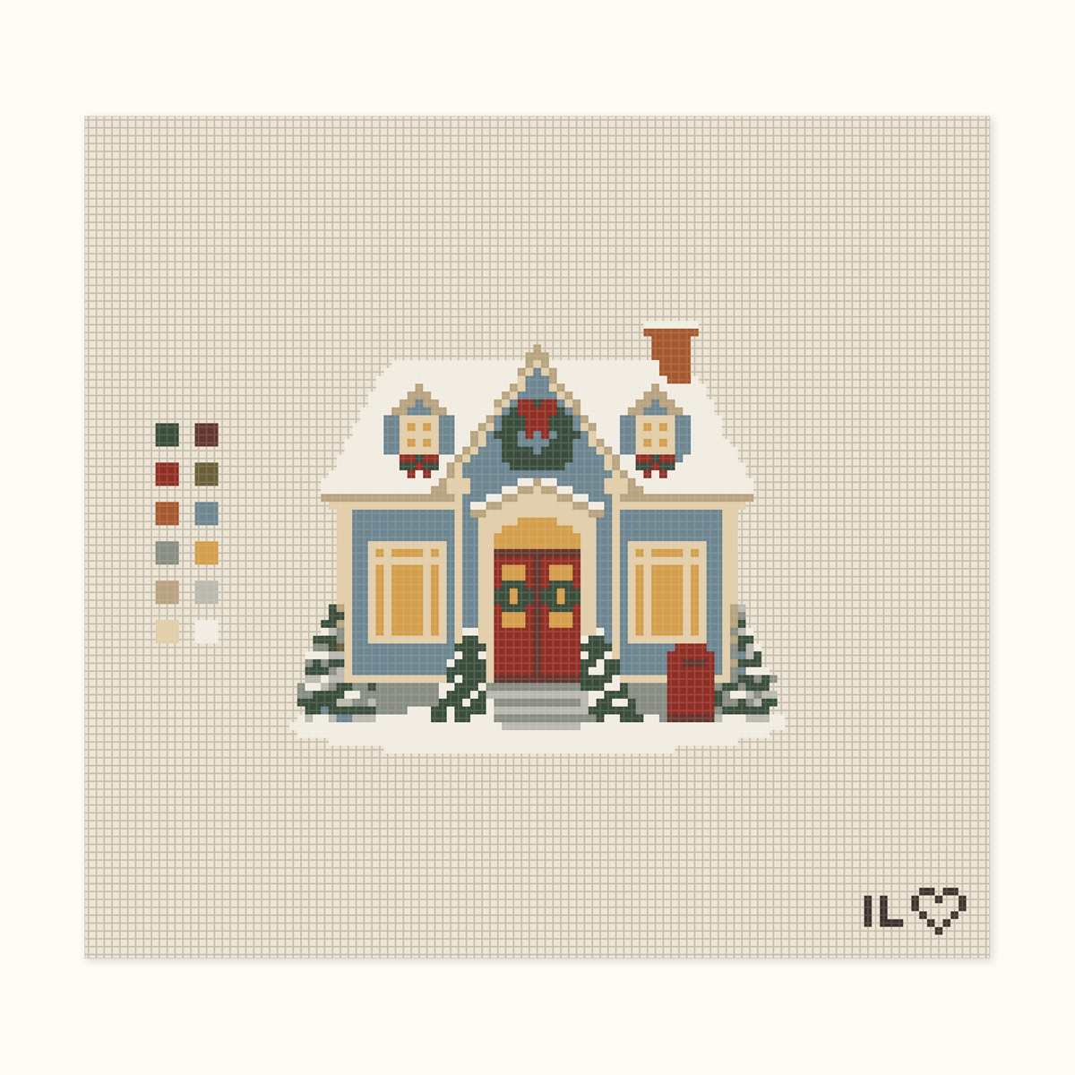 Christmas Post Office hand-painted needlepoint canvas: a snowy post office at Christmastime