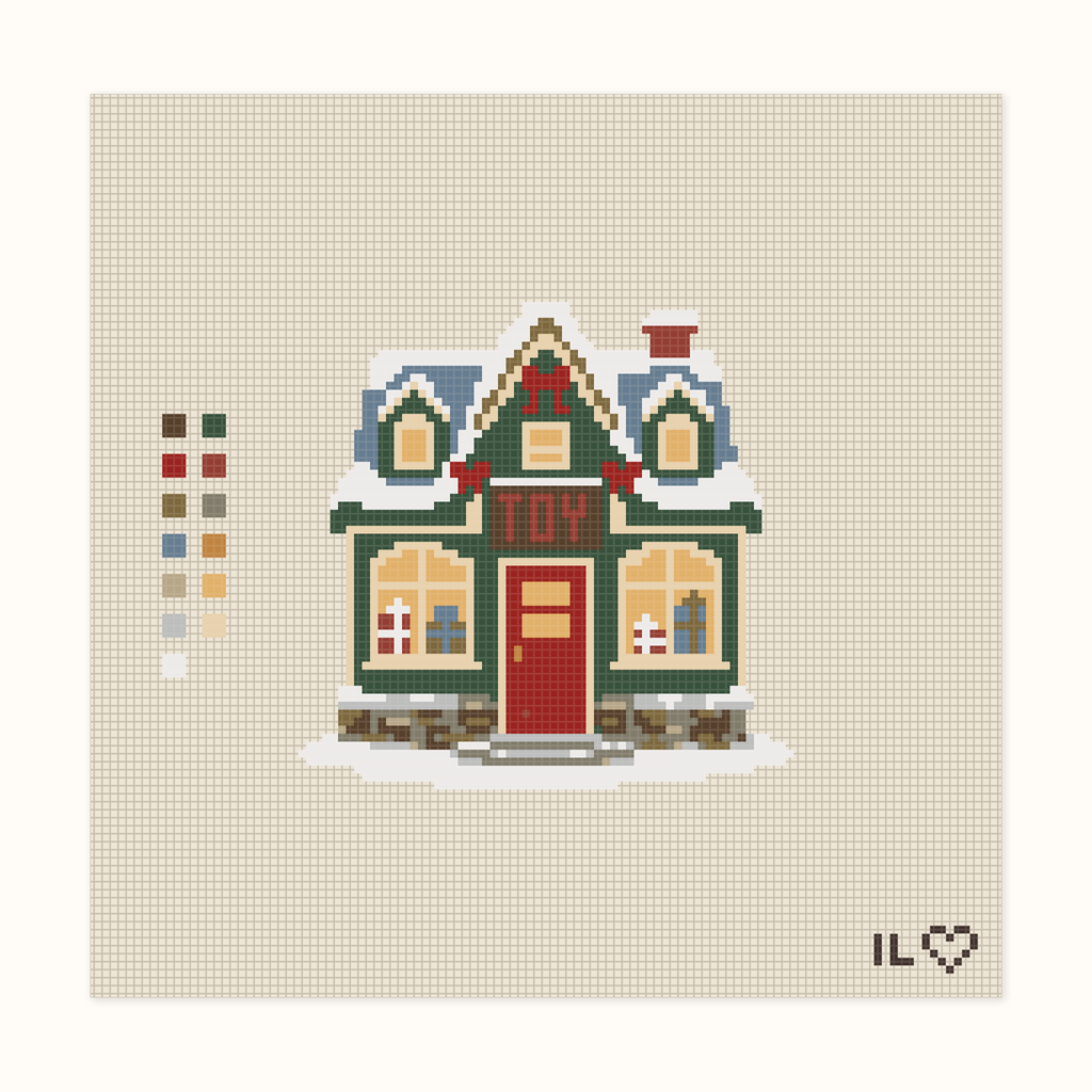 Christmas Toy Shop hand-painted needlepoint canvas: a snowy toy shop at Christmastime
