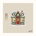 Christmas Toy Shop hand-painted needlepoint canvas: a snowy toy shop at Christmastime