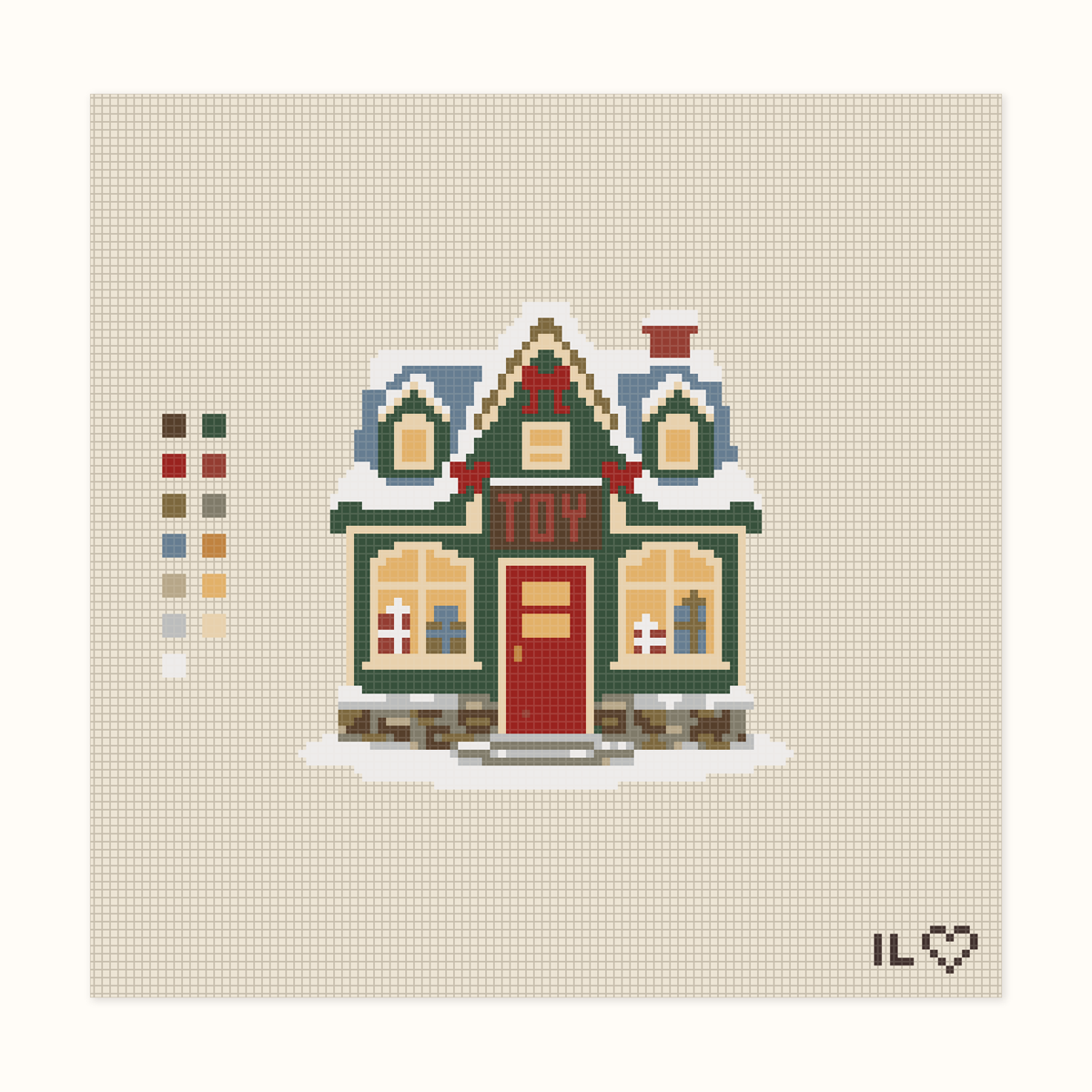 Christmas Toy Shop hand-painted needlepoint canvas: a snowy toy shop at Christmastime