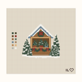 Christmas Tree Stand hand-painted needlepoint canvas: a snowy Christmas tree stall among evergreens