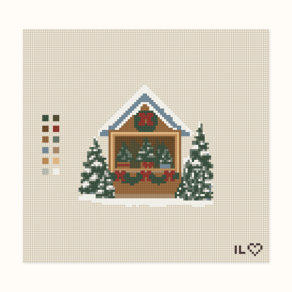 Christmas Tree Stand hand-painted needlepoint canvas: a snowy Christmas tree stall among evergreens