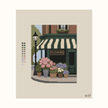 Corner Flower Shop hand-painted needlepoint canvas: a corner flower shop at the bottom of a building