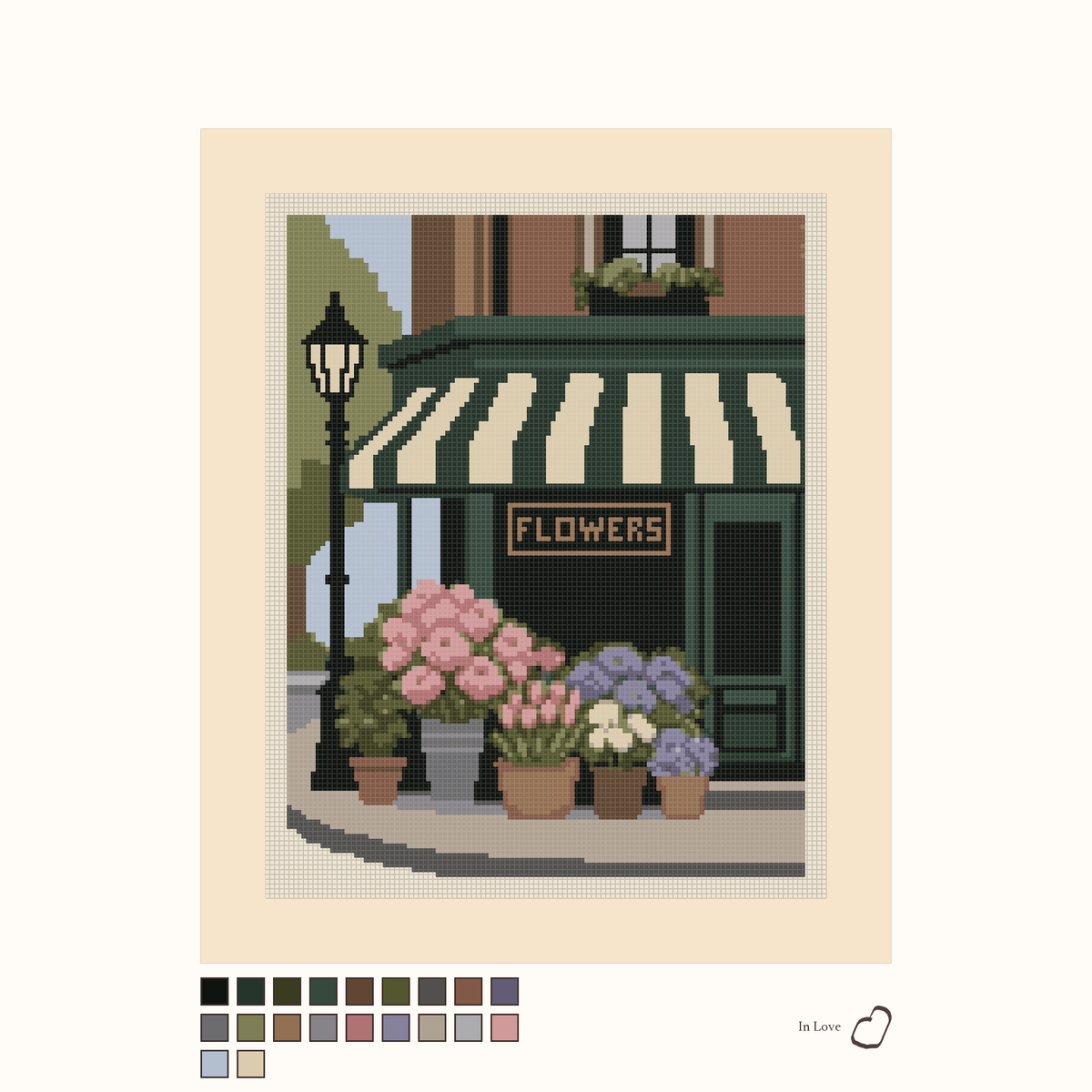 Corner Flower Shop design as painted: a corner flower shop at the bottom of a building