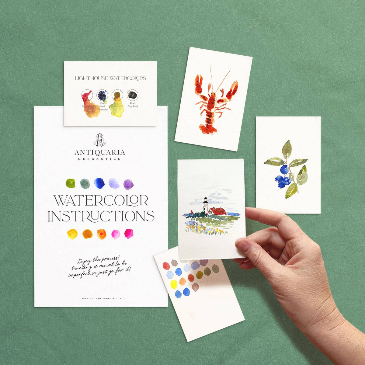 Kit contents on green: instructions, paint swatches and the three mini designs
