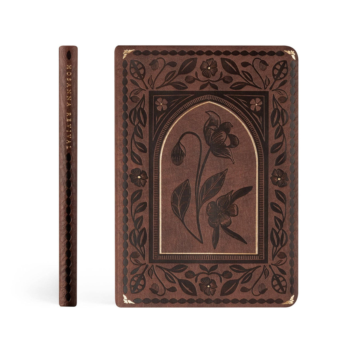 Spine beside the front cover of the arched floral notebook