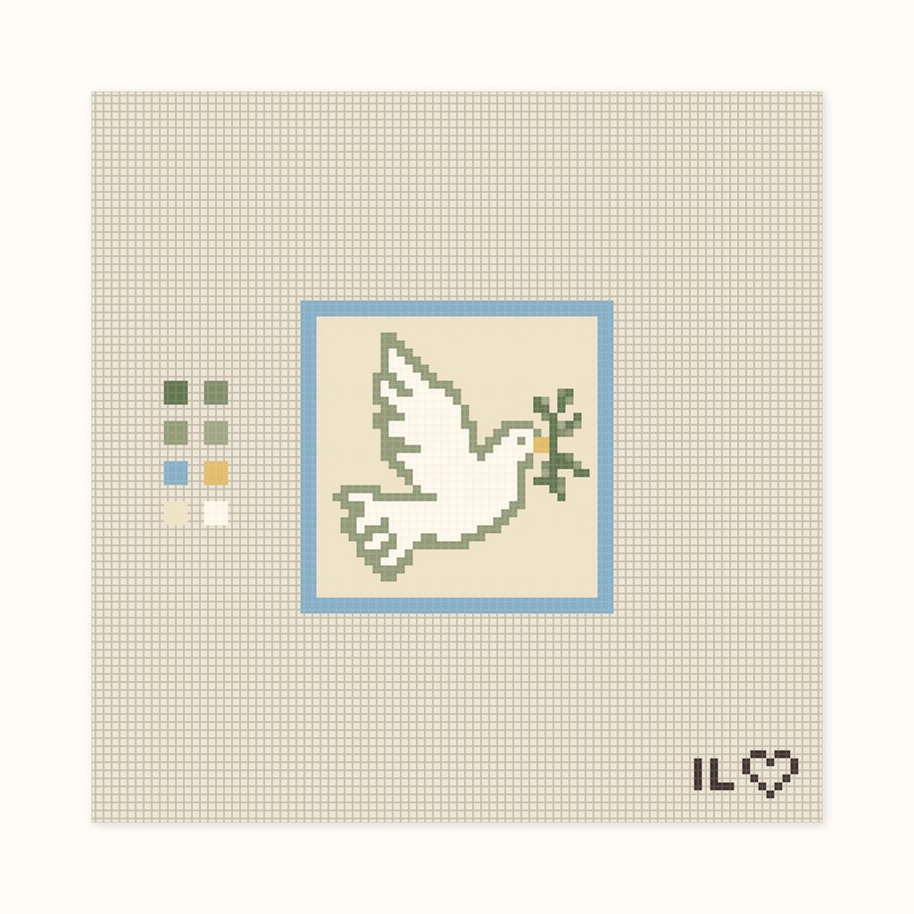 Dove hand-painted needlepoint canvas: a white dove carrying an olive branch, framed in blue