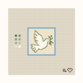 Dove hand-painted needlepoint canvas: a white dove carrying an olive branch, framed in blue