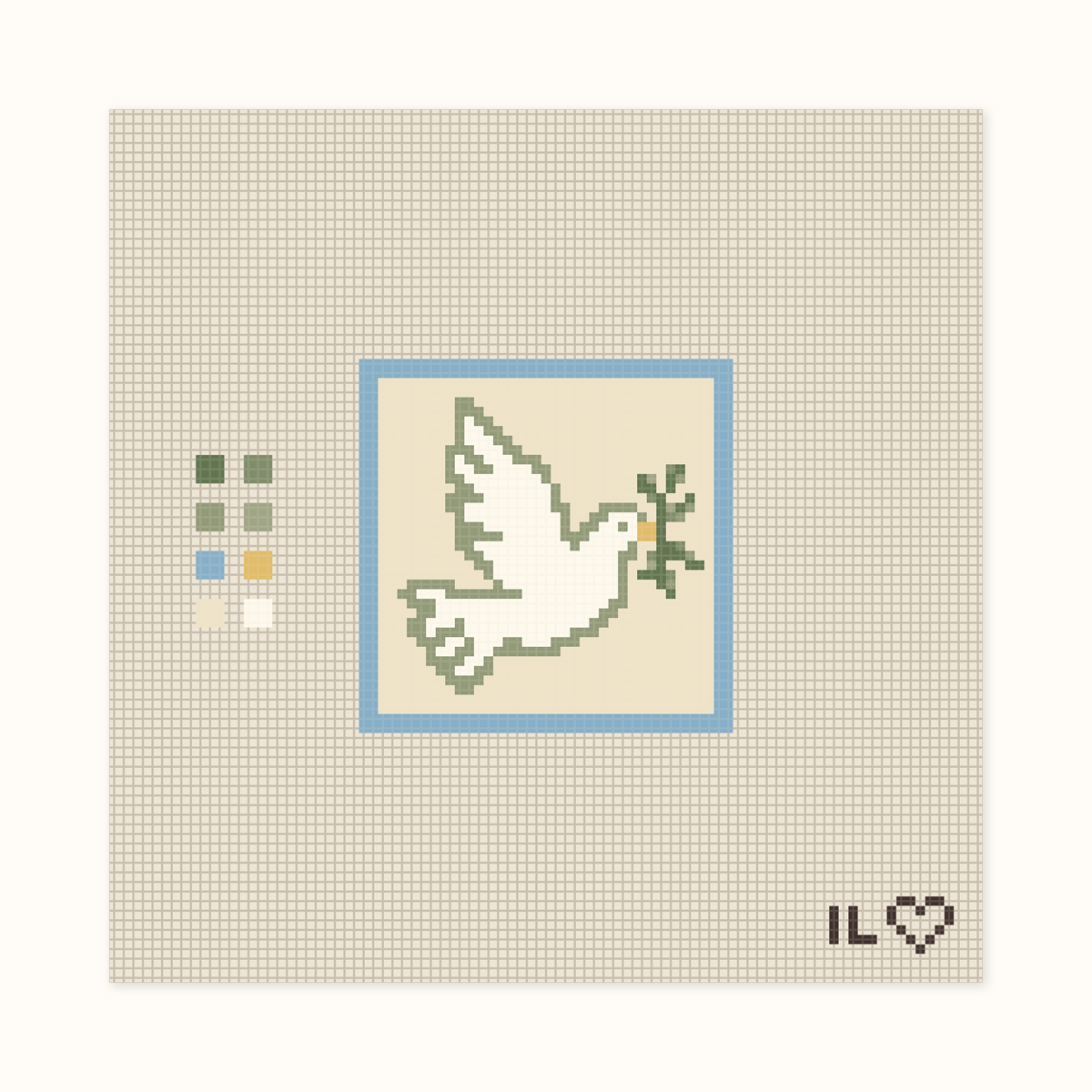 Dove hand-painted needlepoint canvas: a white dove carrying an olive branch, framed in blue