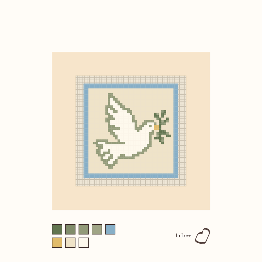 Dove design as painted: a white dove carrying an olive branch, framed in blue
