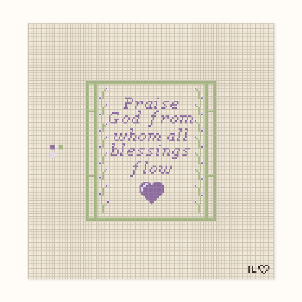 Doxology hand-painted needlepoint canvas: a quote from the Doxology in purple text with a purple heart, set between green vines with purple flowers