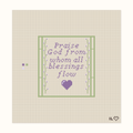 Doxology hand-painted needlepoint canvas: a quote from the Doxology in purple text with a purple heart, set between green vines with purple flowers