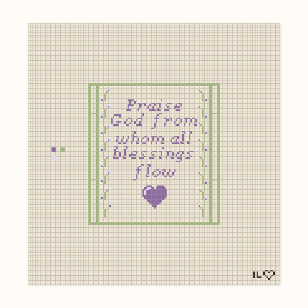 Doxology hand-painted needlepoint canvas: a quote from the Doxology in purple text with a purple heart, set between green vines with purple flowers