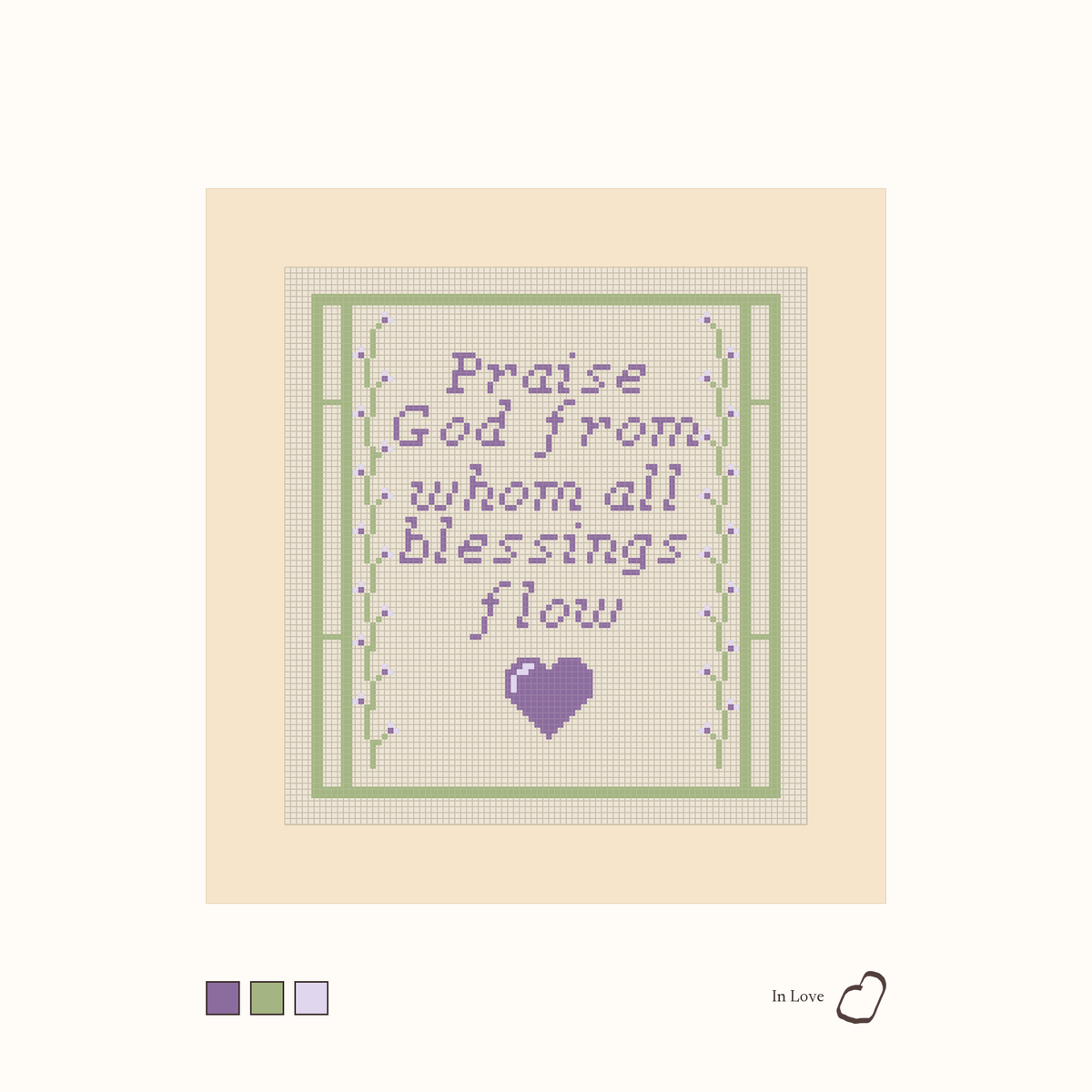 Doxology design as painted: a quote from the Doxology in purple text with a purple heart, set between green vines with purple flowers