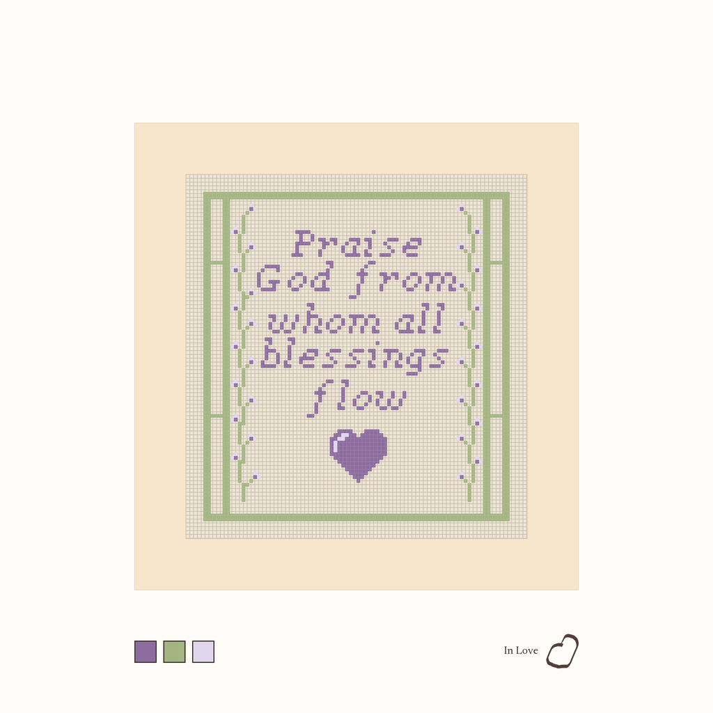Doxology design as painted: a quote from the Doxology in purple text with a purple heart, set between green vines with purple flowers