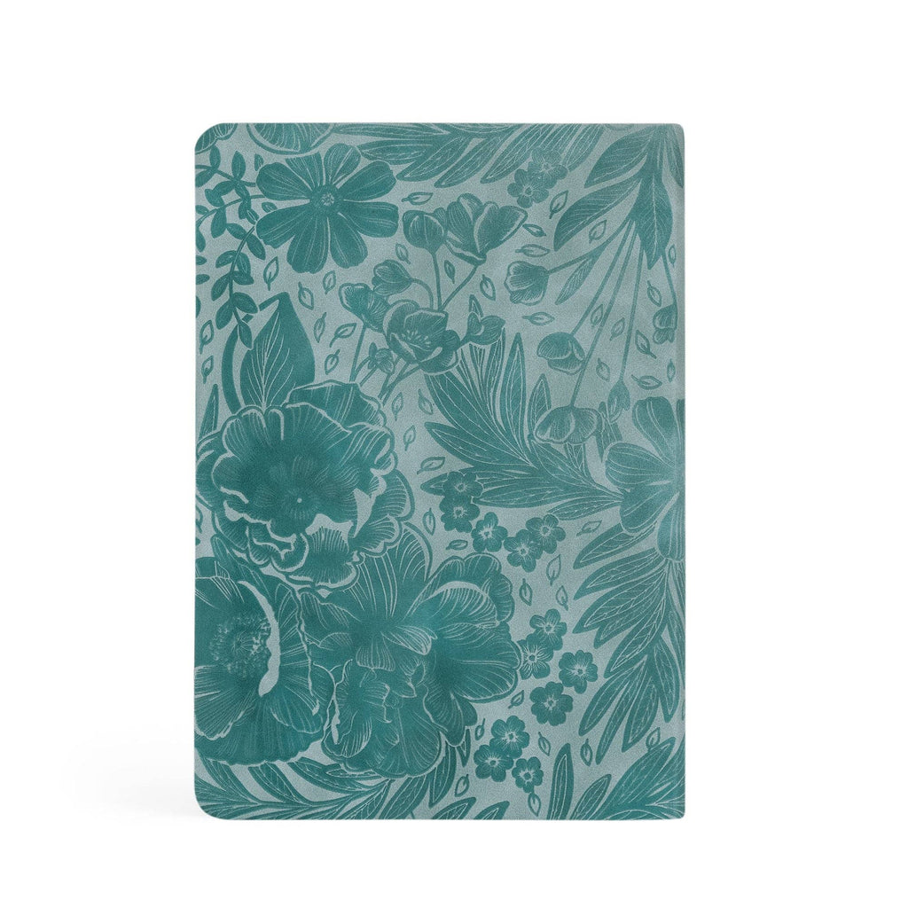 Back cover of the teal notebook's all-over floral emboss