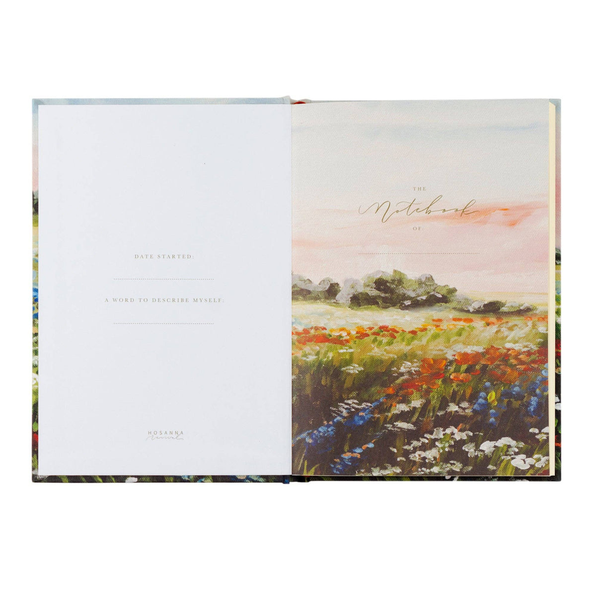 Opening pages printed with the meadow, with spaces for the owner's name and date started