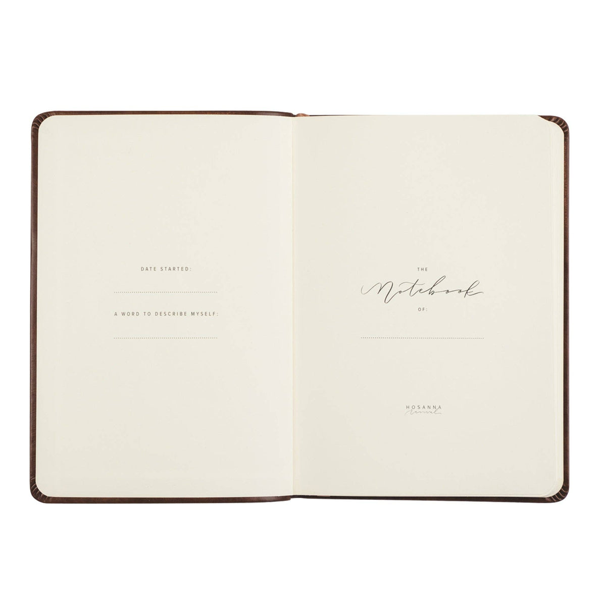 Opening pages with spaces for the owner's name, date started and a word to describe yourself