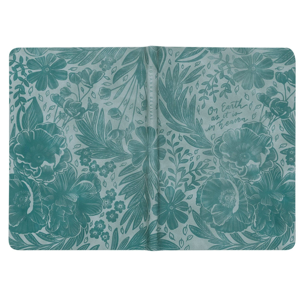 The teal notebook opened flat, showing the wraparound floral emboss