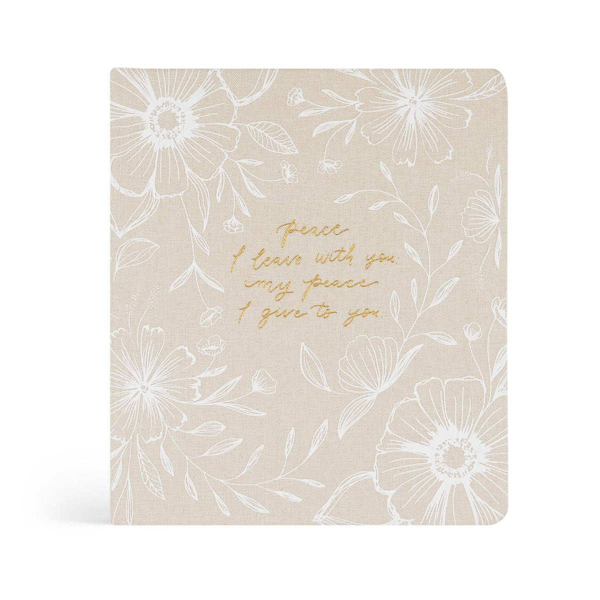 Cream linen-look prayer journal with white flowers and "Peace I leave with you" in gold script