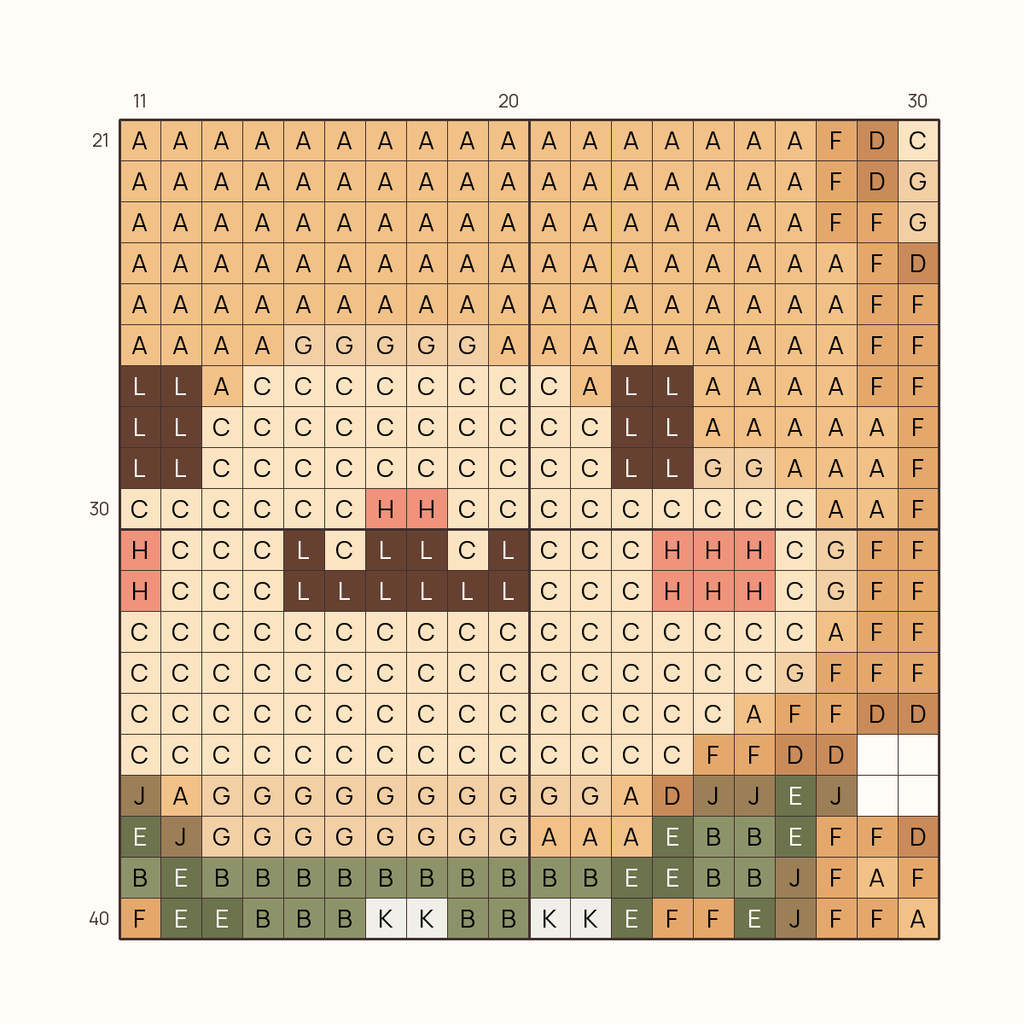 Friendly Bunny stitch chart, one square per stitch