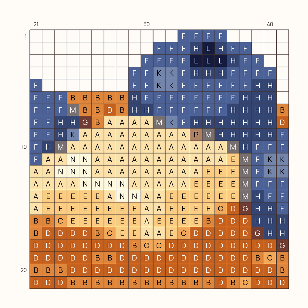 Friendly Pancakes stitch chart, one square per stitch