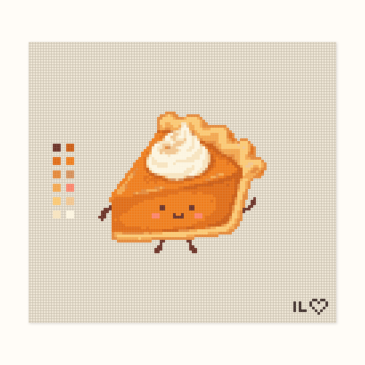 Friendly Pumpkin Pie hand-painted needlepoint canvas: a friendly slice of pumpkin pie smiling and waving