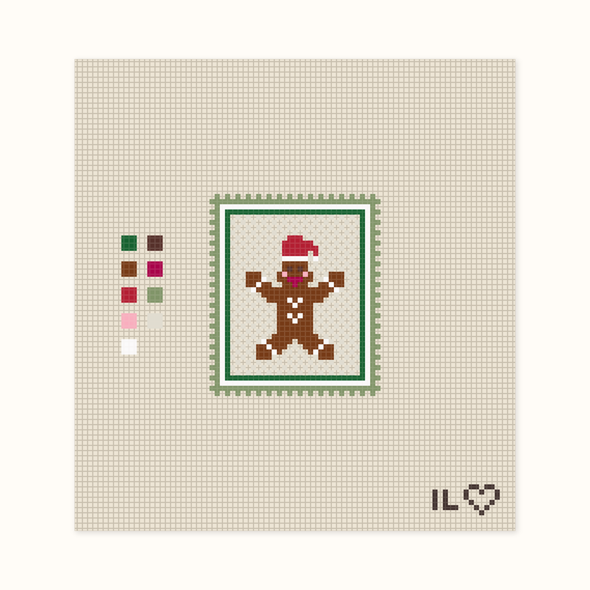 Gingerbread Man hand-painted needlepoint canvas: a gingerbread man in a Santa hat