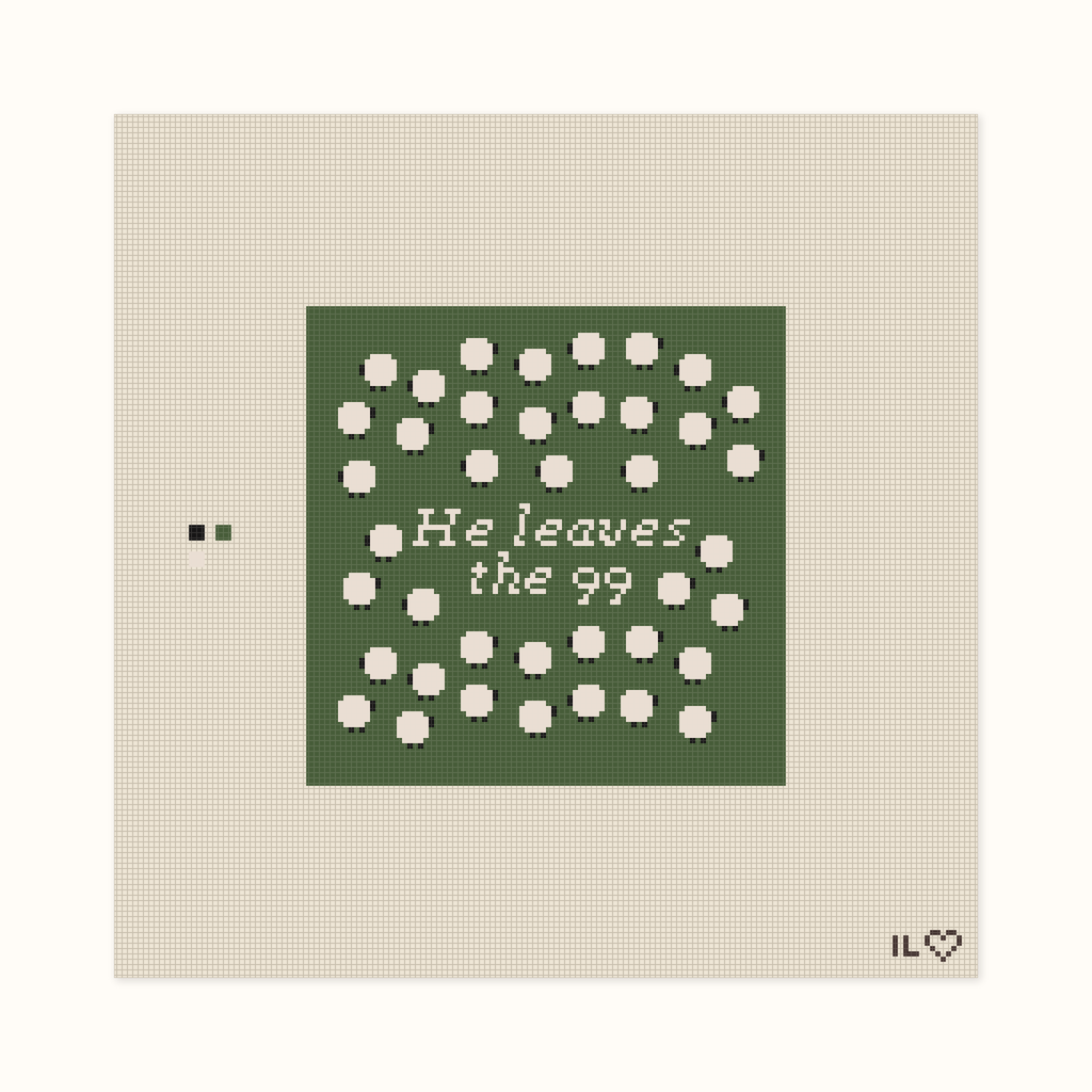 He Leaves The 99 hand-painted needlepoint canvas: the words He leaves the 99 set amid a flock of sheep at pasture