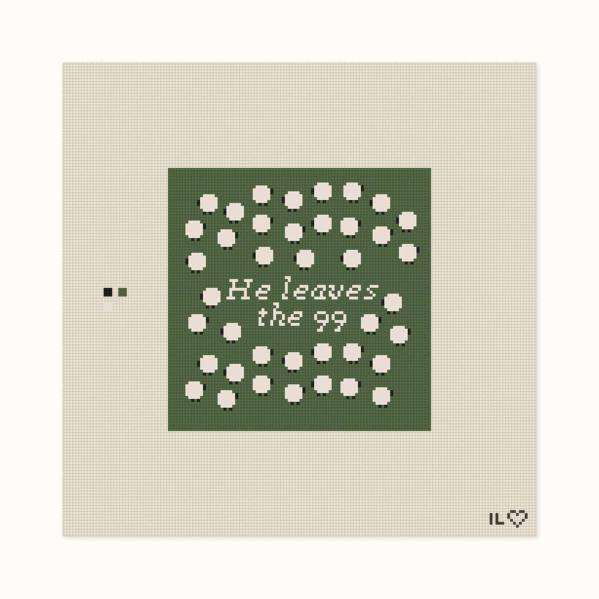 He Leaves The 99 hand-painted needlepoint canvas: the words He leaves the 99 set amid a flock of sheep at pasture
