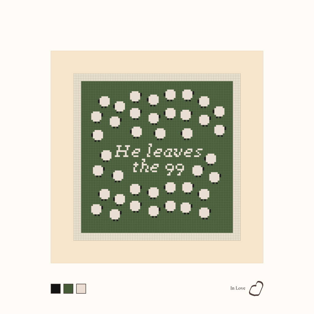 He Leaves The 99 design as painted: the words He leaves the 99 set amid a flock of sheep at pasture