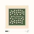 He Leaves The 99 design as painted: the words He leaves the 99 set amid a flock of sheep at pasture