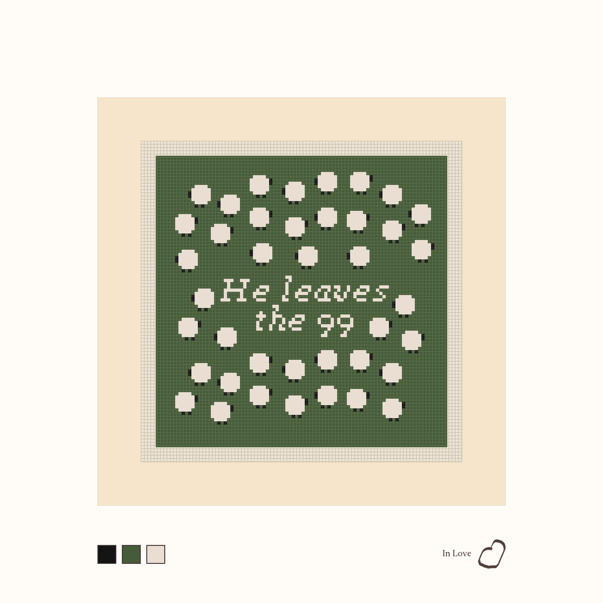 He Leaves The 99 design as painted: the words He leaves the 99 set amid a flock of sheep at pasture